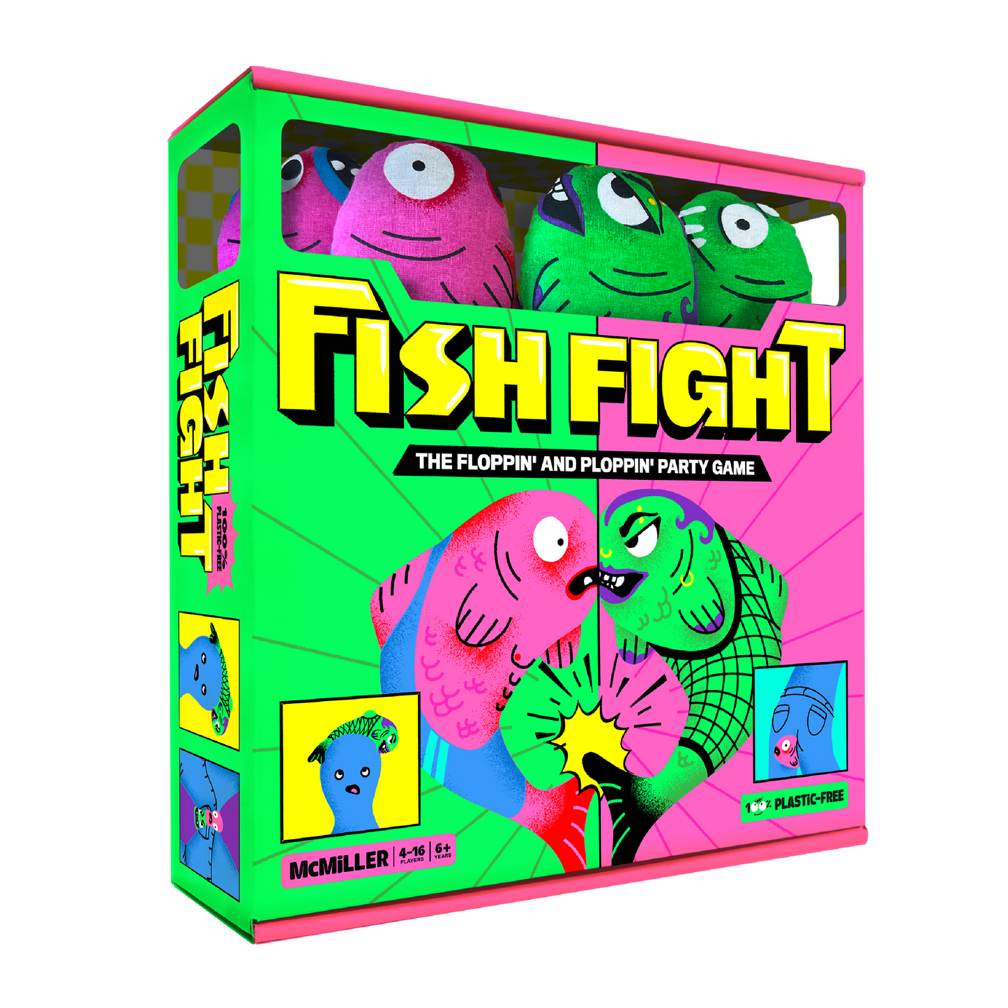 Fish Fight party game box featuring two cartoon fish pink and green boxing on the front with plush fish toys visible inside the clear window