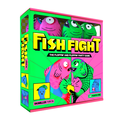 Fish Fight party game box featuring two cartoon fish pink and green boxing on the front with plush fish toys visible inside the clear window