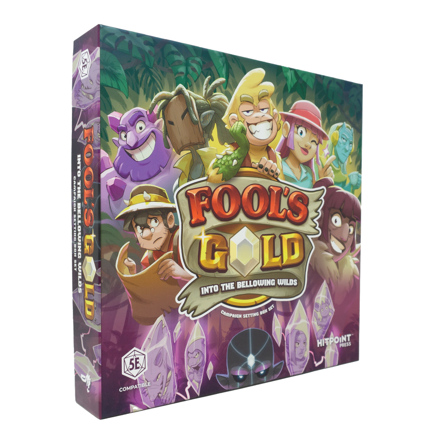 Colorful 'Fool's Gold: Into the Bellowing Wilds' 5E campaign box, depicting cartoon adventurers & monsters in a lush jungle