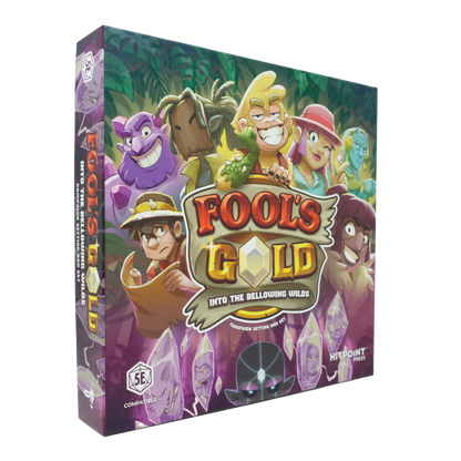 Colorful 'Fool's Gold: Into the Bellowing Wilds' 5E campaign box, depicting cartoon adventurers & monsters in a lush jungle