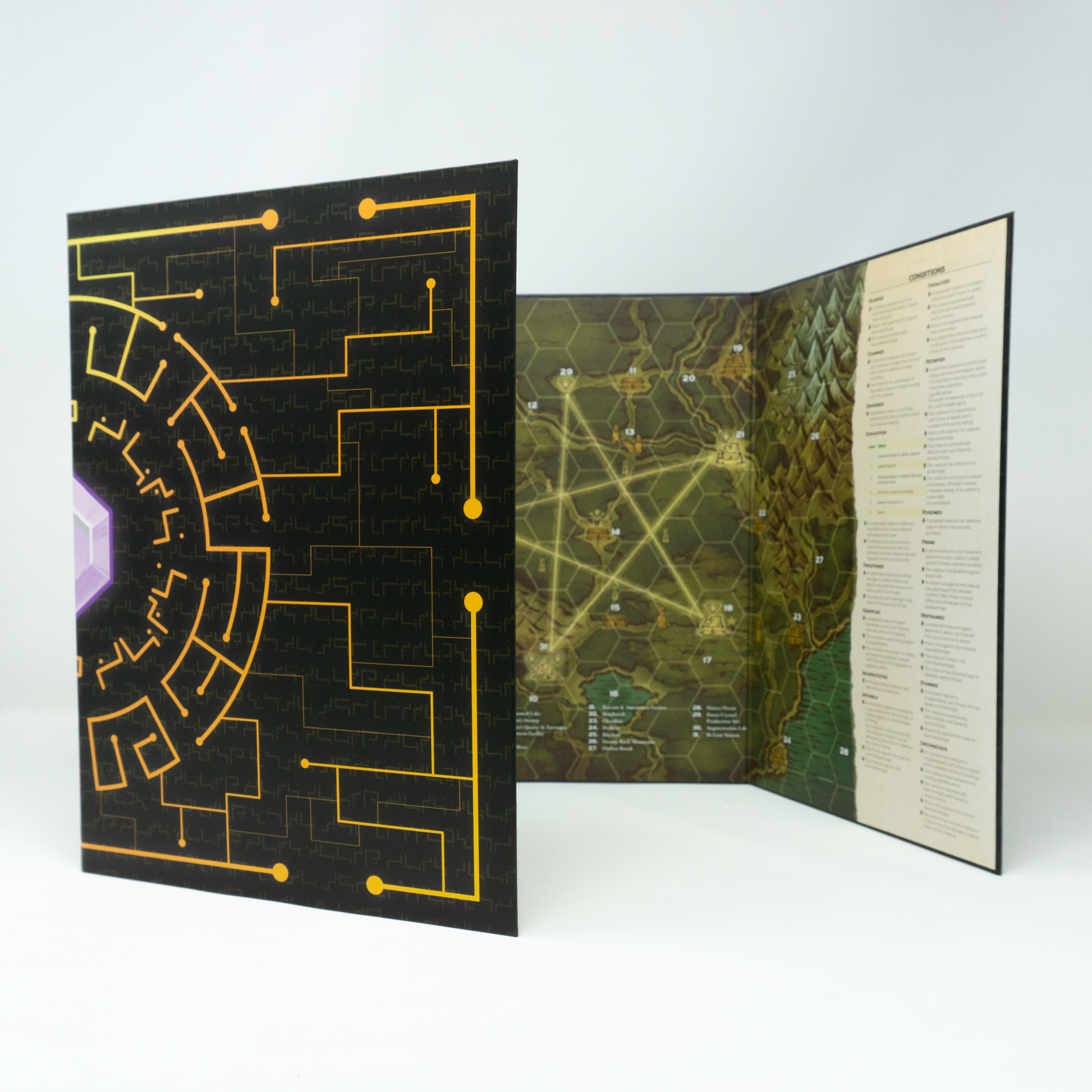 Hit Point Press Fools Gold Into The Bellowing Wilds Game Master Screen open to display a map and game conditions featuring golden circuit patterns