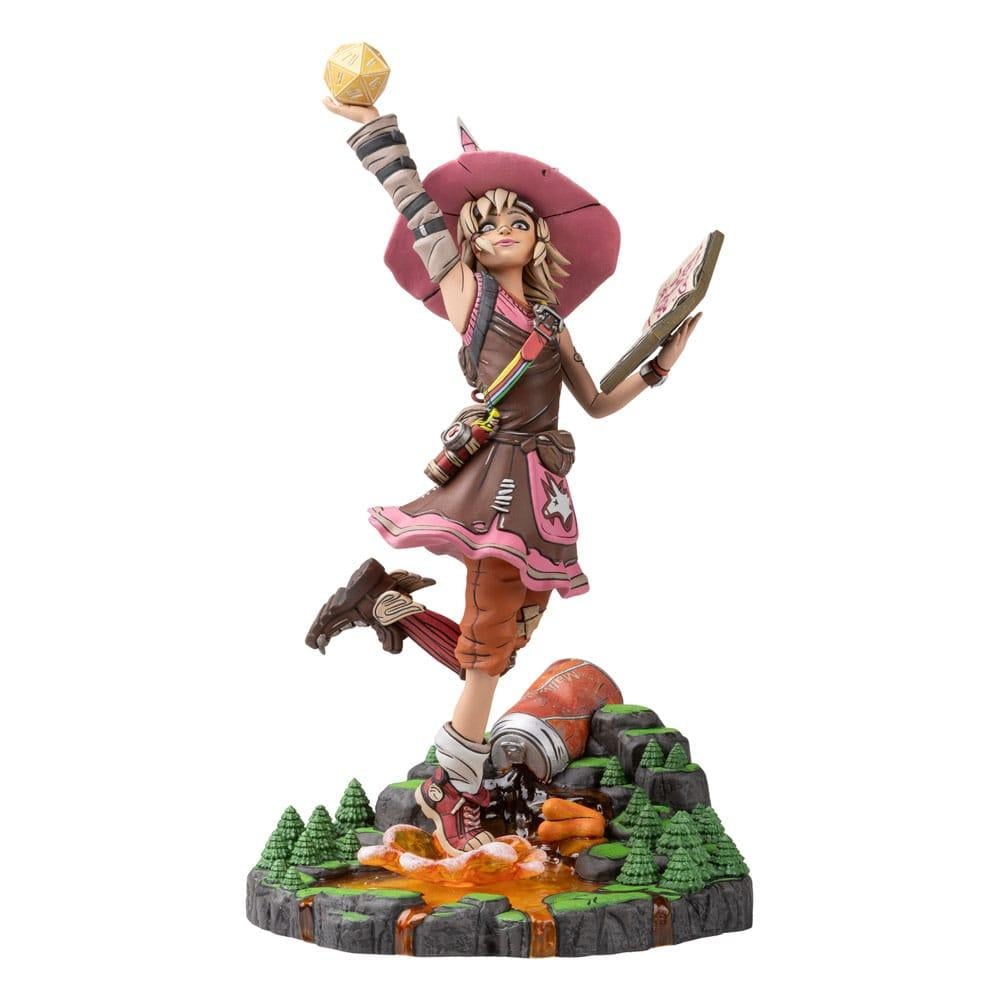 Tiny Tina figure jumping, holding a large D20 die and a rulebook, on a terrain base with trees and lava