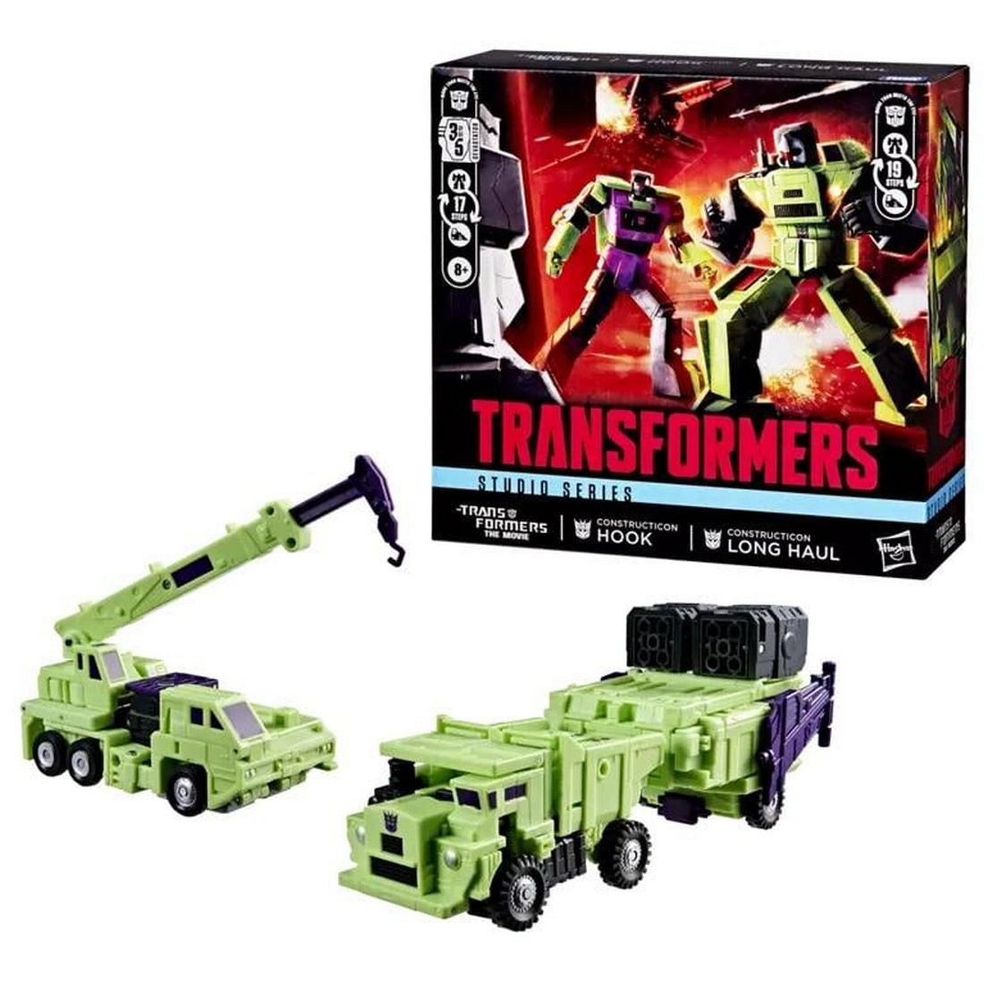 Green Constructicon Hook (crane) and Long Haul (dump truck) Transformers toys in vehicle mode, displayed with box