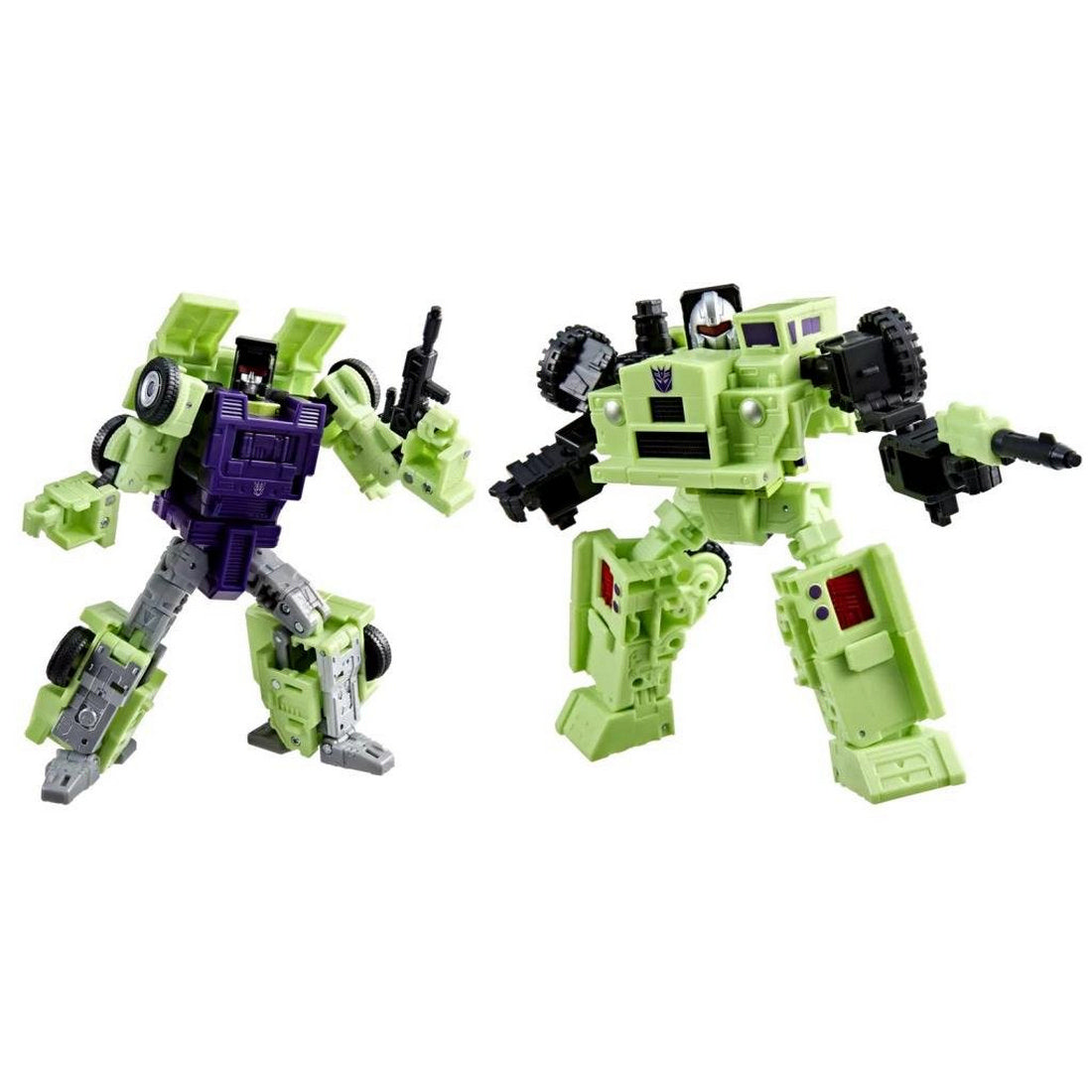 Two green Constructicon Transformers figures, Hook and Scrapper, standing posed with weapons