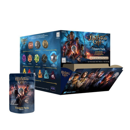 Baldur's Gate Treasure Packs display box and individual pack, showing collectible dice and coins