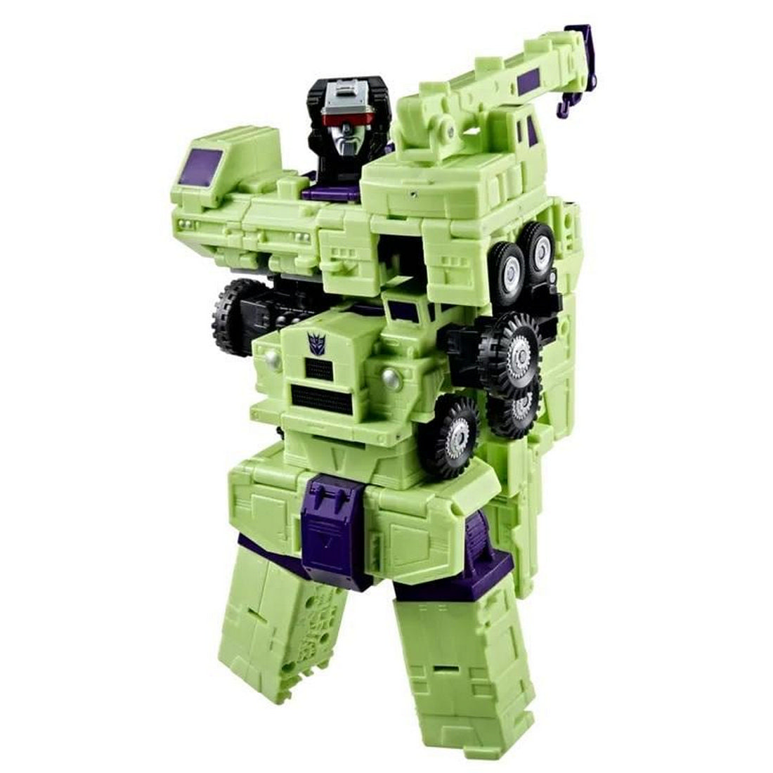 Green and purple Devastator Transformer action figure, comprised of construction vehicles, standing upright