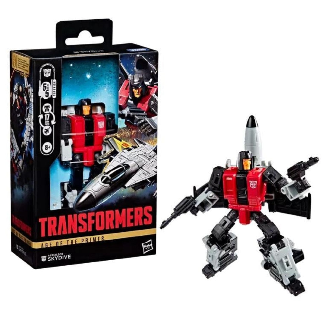 Red and black Transformers Skydive robot figure displayed next to its black Age of the Primes box