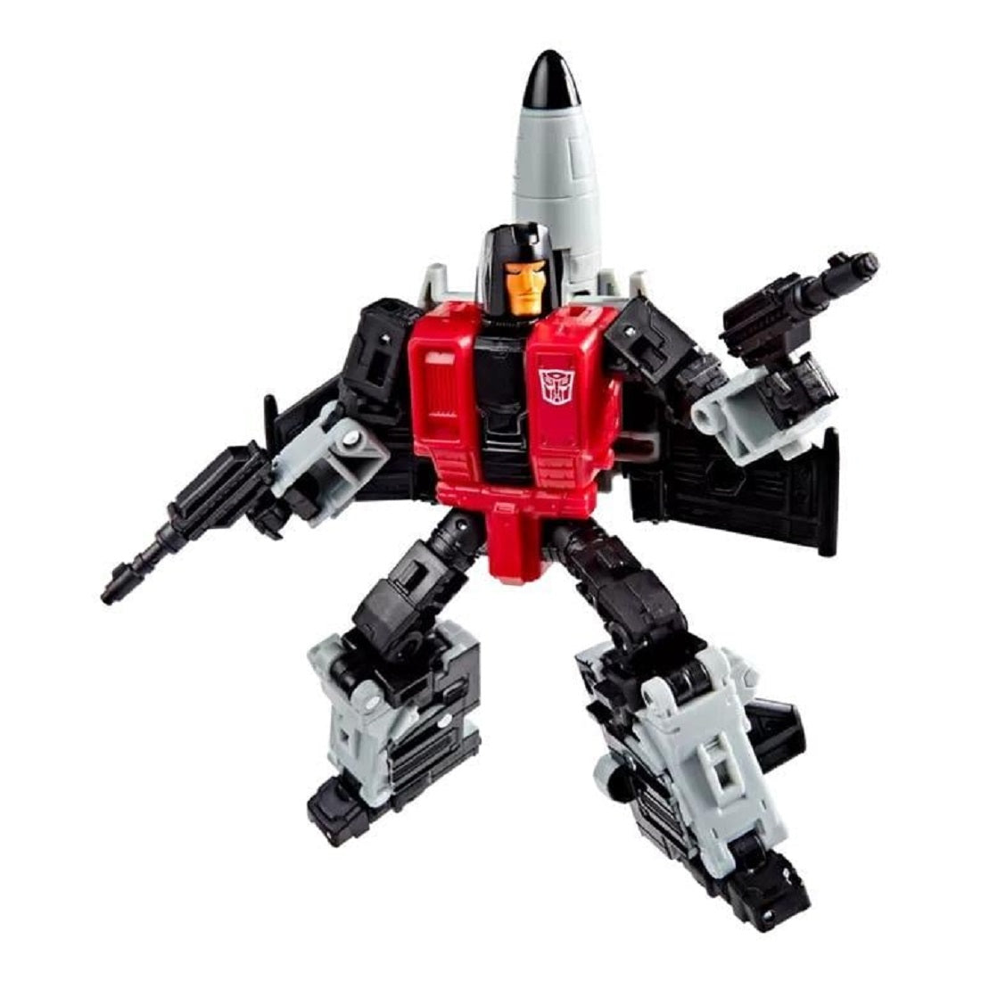 Black and red Transformer robot toy holding dual blasters, featuring a large gray rocket attached to its back