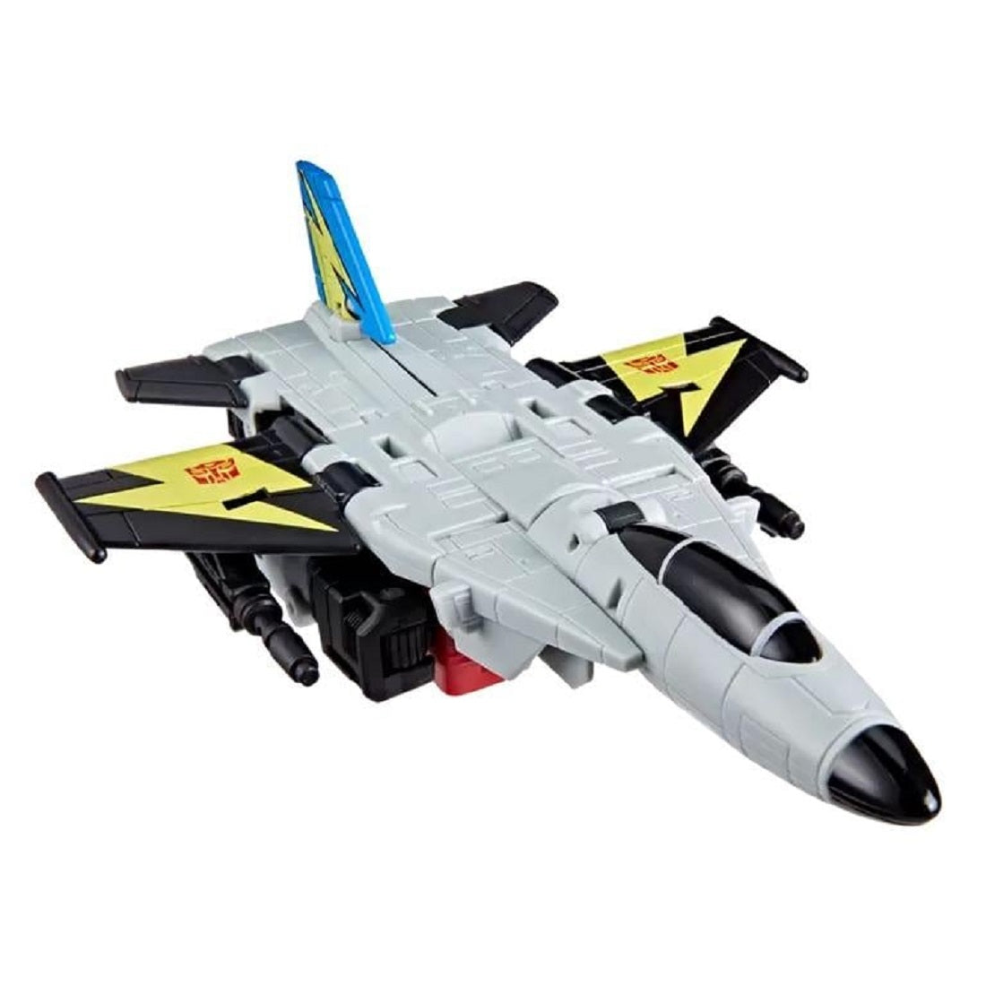 Gray Transformer jet toy with black nose and wings marked with yellow and black patterns