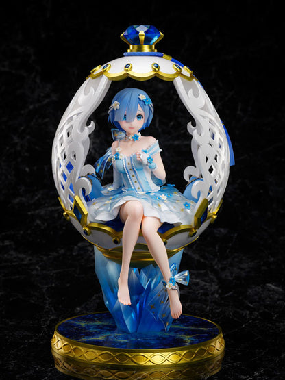 Side angle of Rem's elegant seated pose on egg base