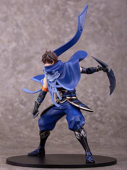 Rear angle highlighting Lan's flowing cape and intricate armor design