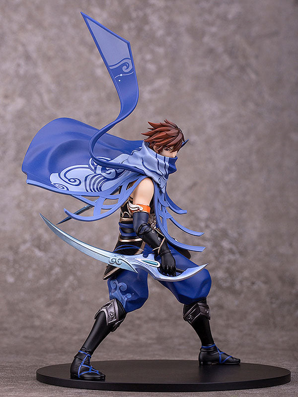 Close-up of Lan’s face and shoulder armor with shark fin motif