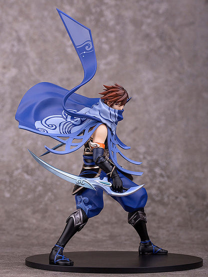 Close-up of Lan’s face and shoulder armor with shark fin motif