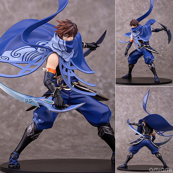 Lan in battle stance with shark-themed armor and large blade