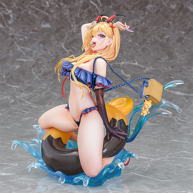 Azur Lane Kumano Fancy Waves Version 16 Scale Figure showing a blonde woman in a blue bikini, black gloves, and horns, licking a lollipop on a water-splashed inflatable ring
