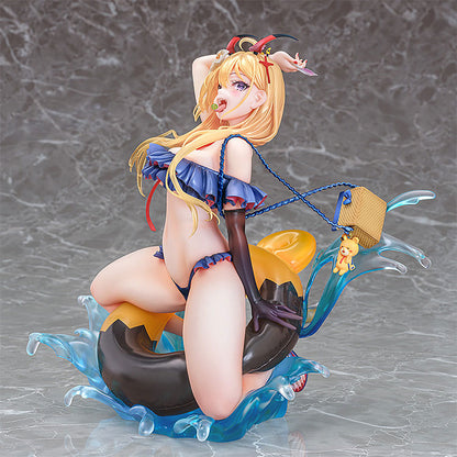 Azur Lane Kumano Fancy Waves Version 16 Scale Figure showing a blonde woman in a blue bikini, black gloves, and horns, licking a lollipop on a water-splashed inflatable ring