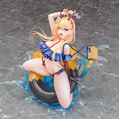 An Azur Lane Kumano Fancy Waves scale figure of a blonde girl in a blue bikini with red horns posing on a bee-themed inflatable with water splashes