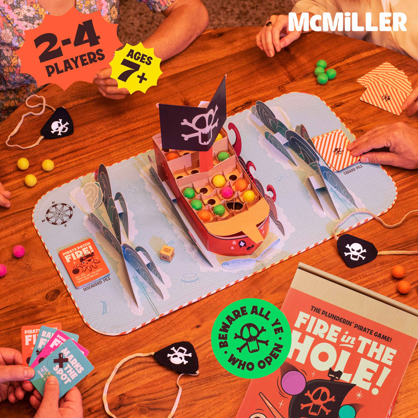 Overhead view of a "Fire in the Hole!" pirate board game in progress, with a ship piece, cards and colorful balls.