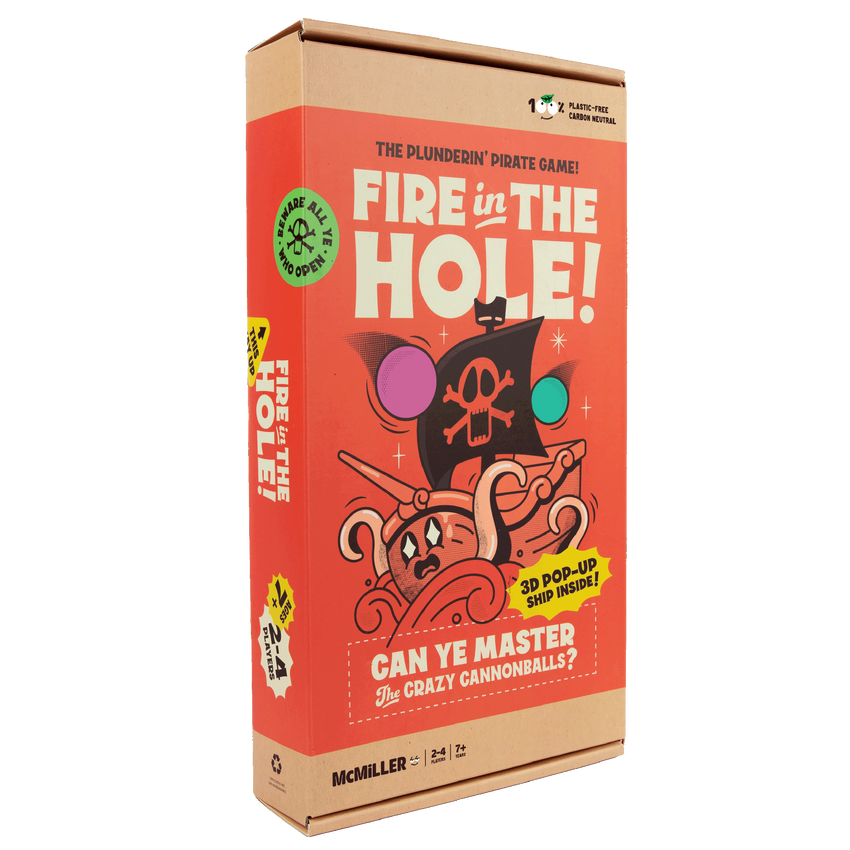 Red "Fire in the Hole!" board game box, featuring a pirate ship with skull flag, an octopus and colorful cannonballs.