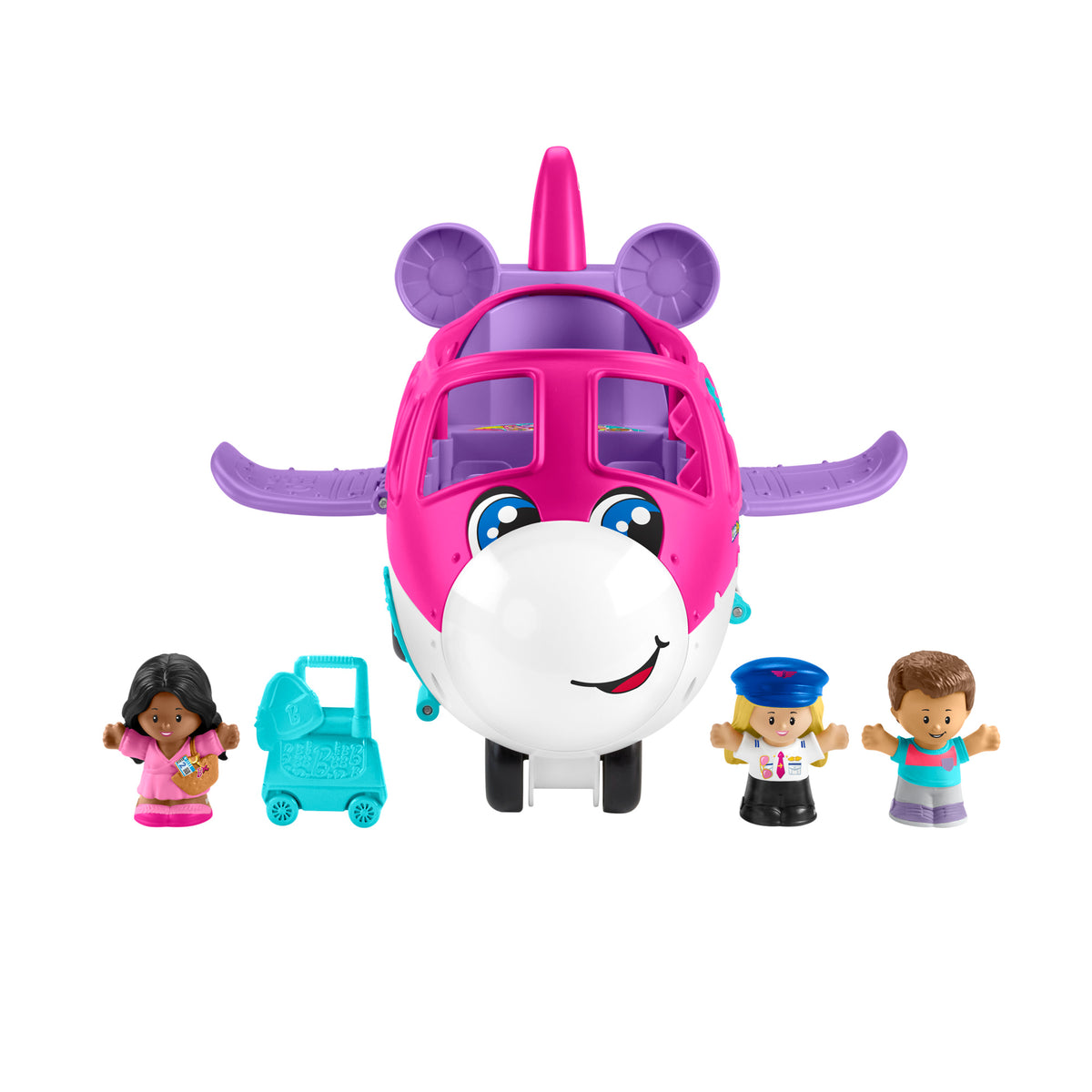 Fisher-Price Little People airplane playset featuring a pink plane with a smiling face, pilot, and two passenger figures
