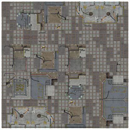 Overhead sci-fi industrial map with metallic grid floor, pipes, machinery, and yellow hazard stripes for a game.