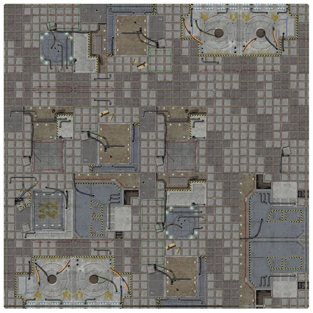 Overhead sci-fi industrial map with metallic grid floor, pipes, machinery, and yellow hazard stripes for a game.