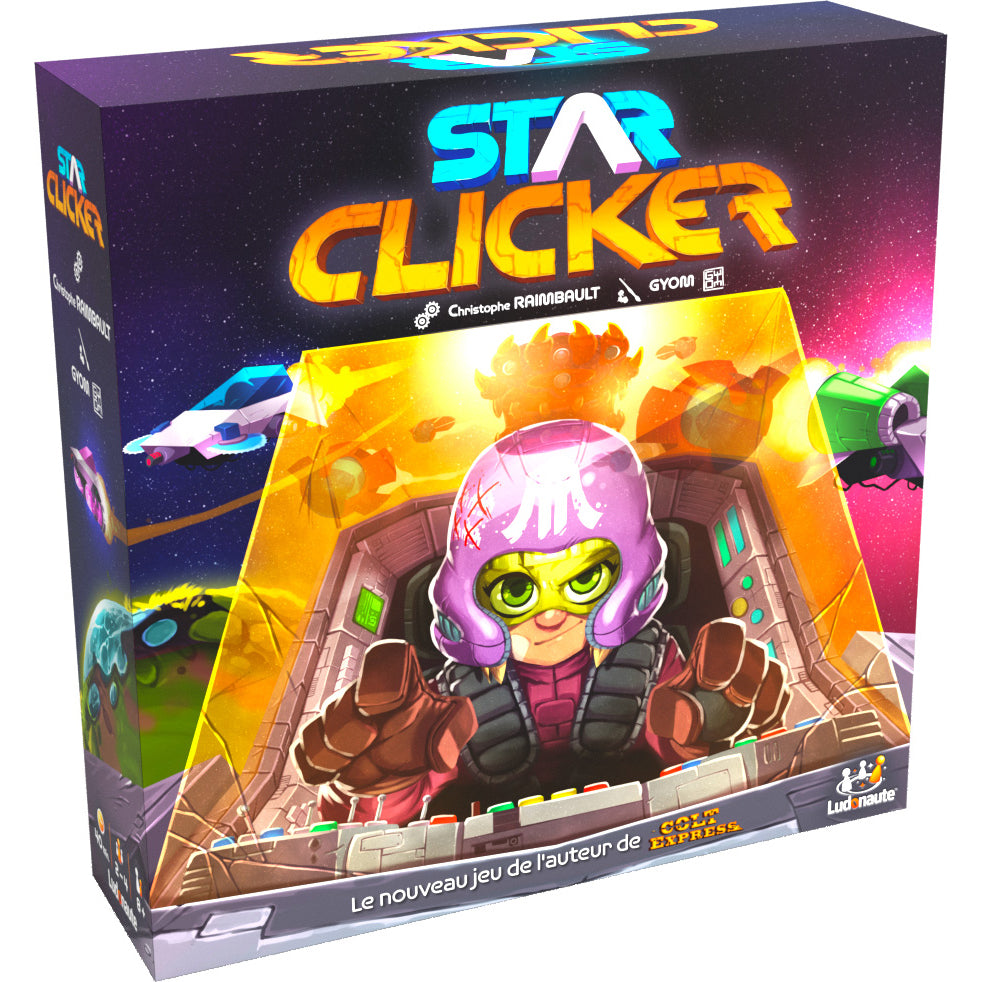 Star Clicker board game box featuring space scene with pilot in cockpit and spaceships