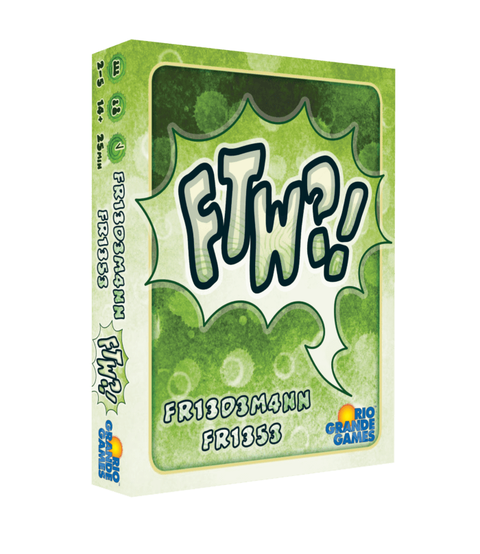 Angled view of the FTW?! card game box featuring bold letters on a red and black design with stylized symbols and dynamic layout