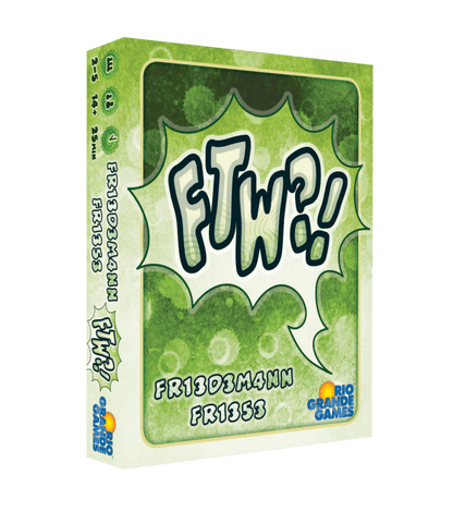 Angled view of the FTW?! card game box featuring bold letters on a red and black design with stylized symbols and dynamic layout