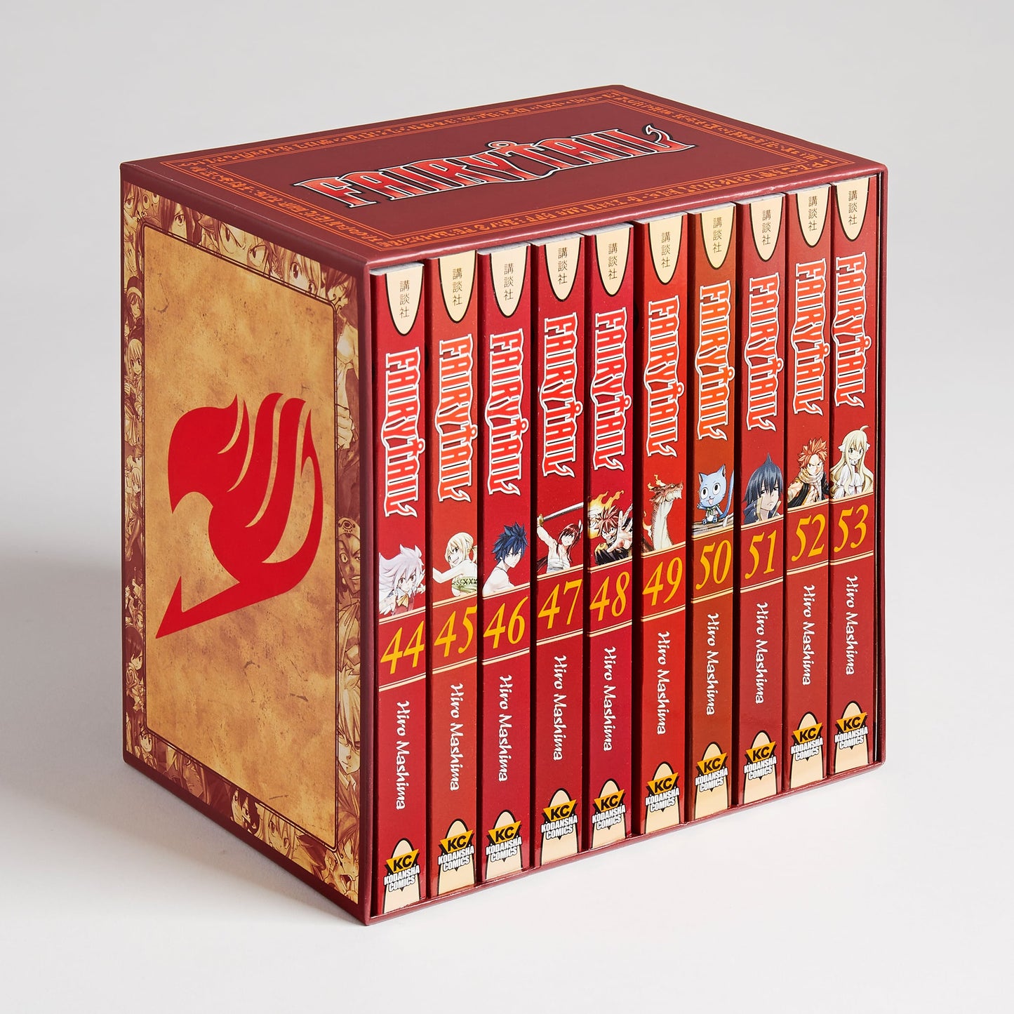Red and tan Fairy Tail manga box set, displaying volumes 44-53 with character art and the series logo.