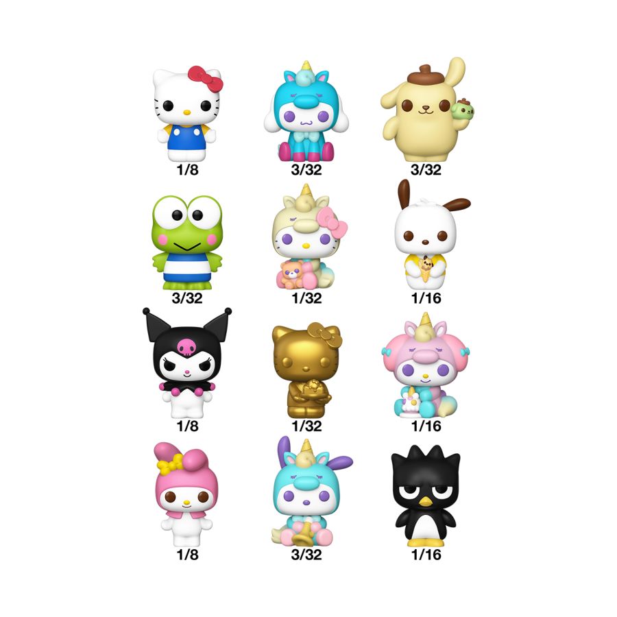 12 Sanrio characters blind box vinyl figures, including Hello Kitty, Kuromi, Pompompurin, and unicorn chaser variants, with rarity numbers