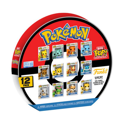 Circular Pokemon Funko Bitty Pop! 12-pack collector set, Red packaging displays miniature figures including Pikachu and Eevee