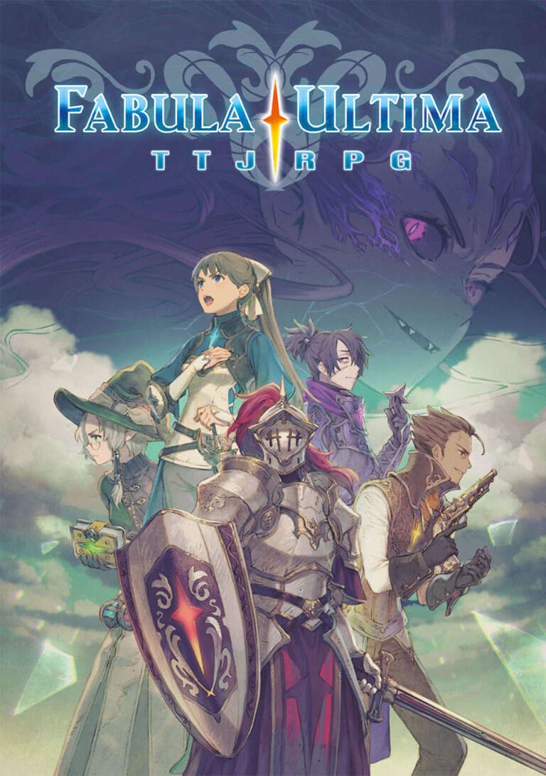 Fabula Ultima TTRPG cover art: five diverse fantasy heroes (knight, mage, gunner) confront an ominous, shadowy monster