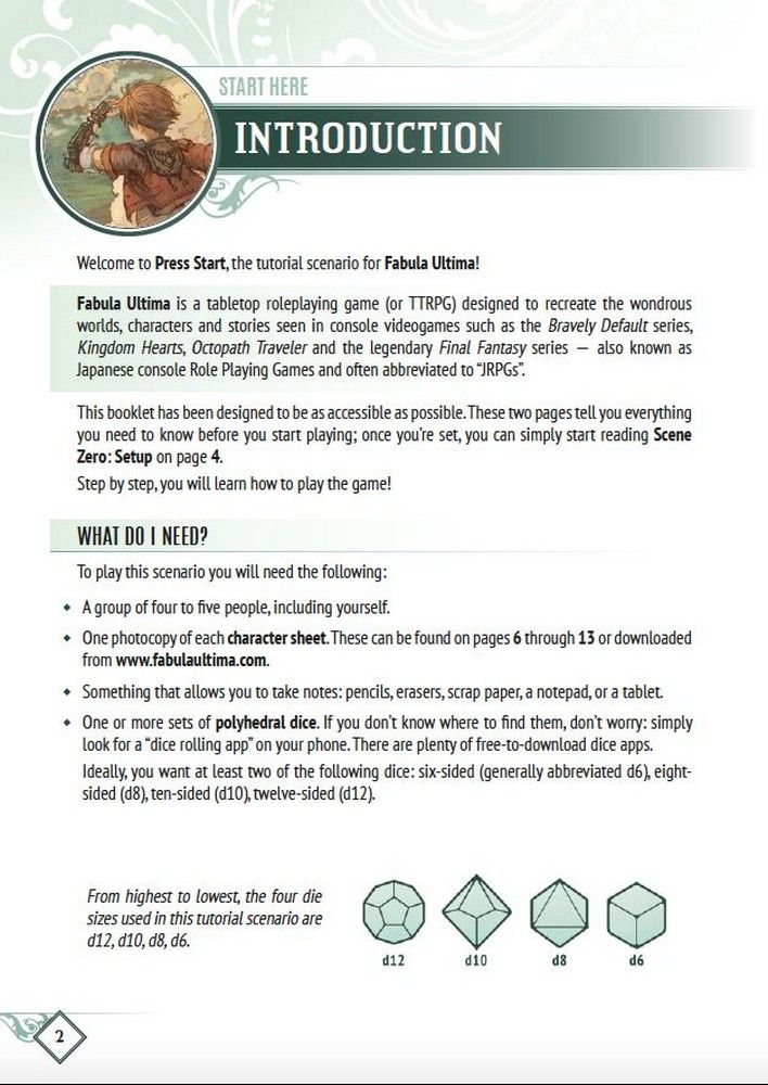 Fabula Ultima TTRPG rulebook page 2: Anime character illustration, 'INTRODUCTION' title, and visual guide to d12, d10, d8, d6 polyhedral dice shapes