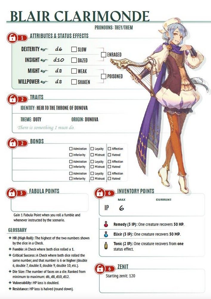 Blair Clarimonde (They/Them) TTRPG character sheet with stats, traits, bonds, and inventory