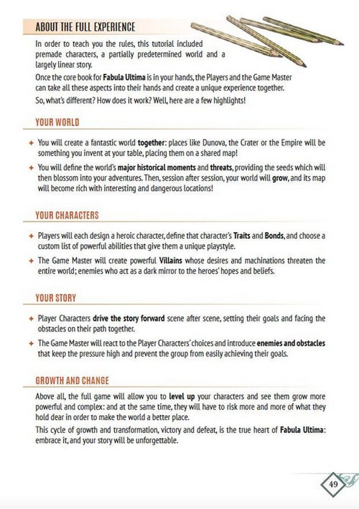 Fabula Ultima rulebook page 49, detailing game mechanics for world-building, character creation, story, and growth, accompanied by an illustration of pencils