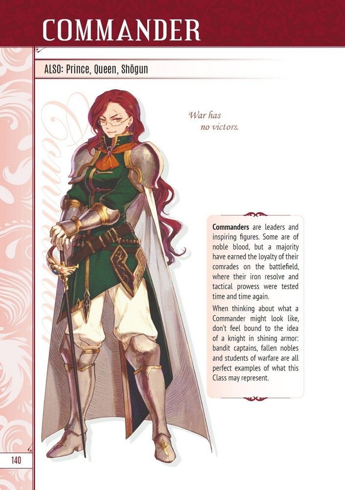 Red-haired woman commander with glasses, green tunic, gold armor, white cape, and sword in a full-body fantasy illustration