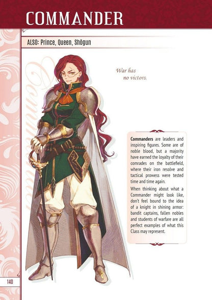 Red-haired woman commander with glasses, green tunic, gold armor, white cape, and sword in a full-body fantasy illustration