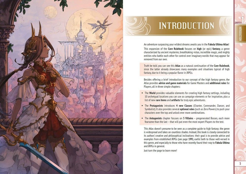 Ornate woman in fantasy attire holding a sword, gazing at a floating city with a moon and dragon