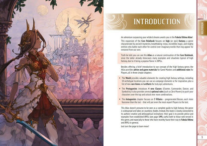 Ornate woman in fantasy attire holding a sword, gazing at a floating city with a moon and dragon