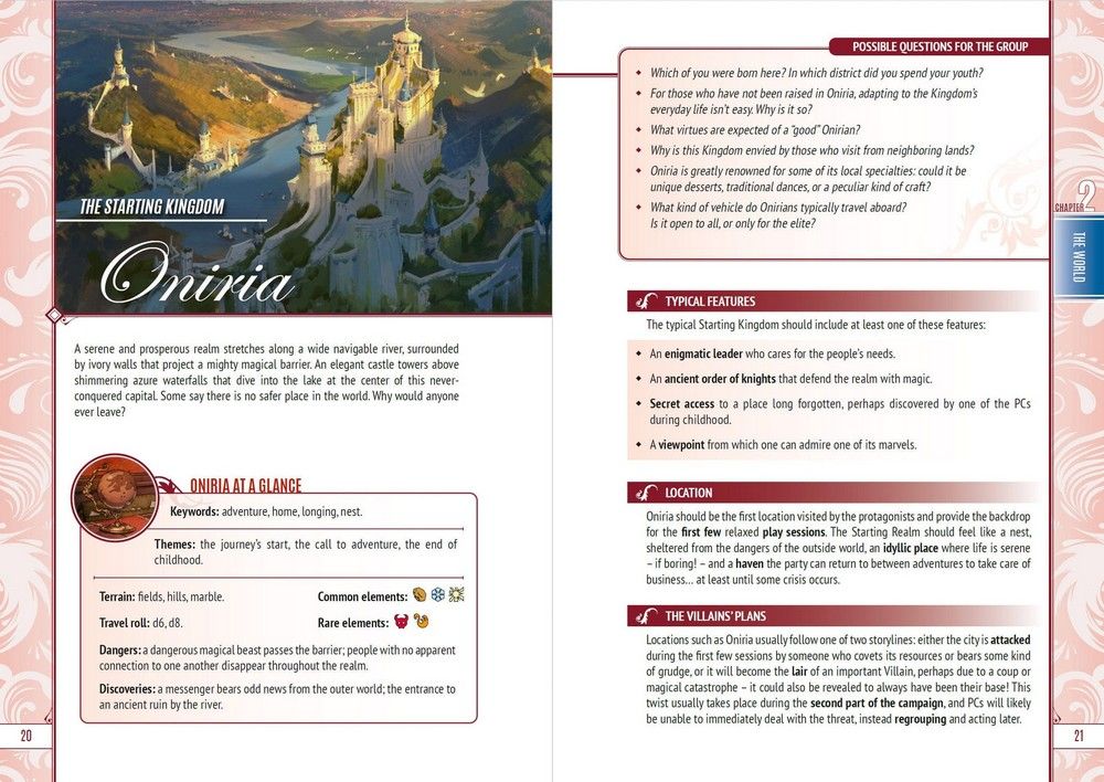 Fantasy artwork of the kingdom Oniria: elegant white castles and towers built into mountains beside a wide river, under a blue sky