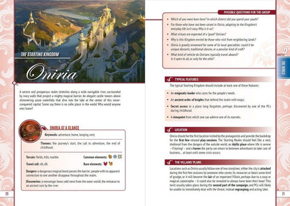 Fantasy artwork of the kingdom Oniria: elegant white castles and towers built into mountains beside a wide river, under a blue sky