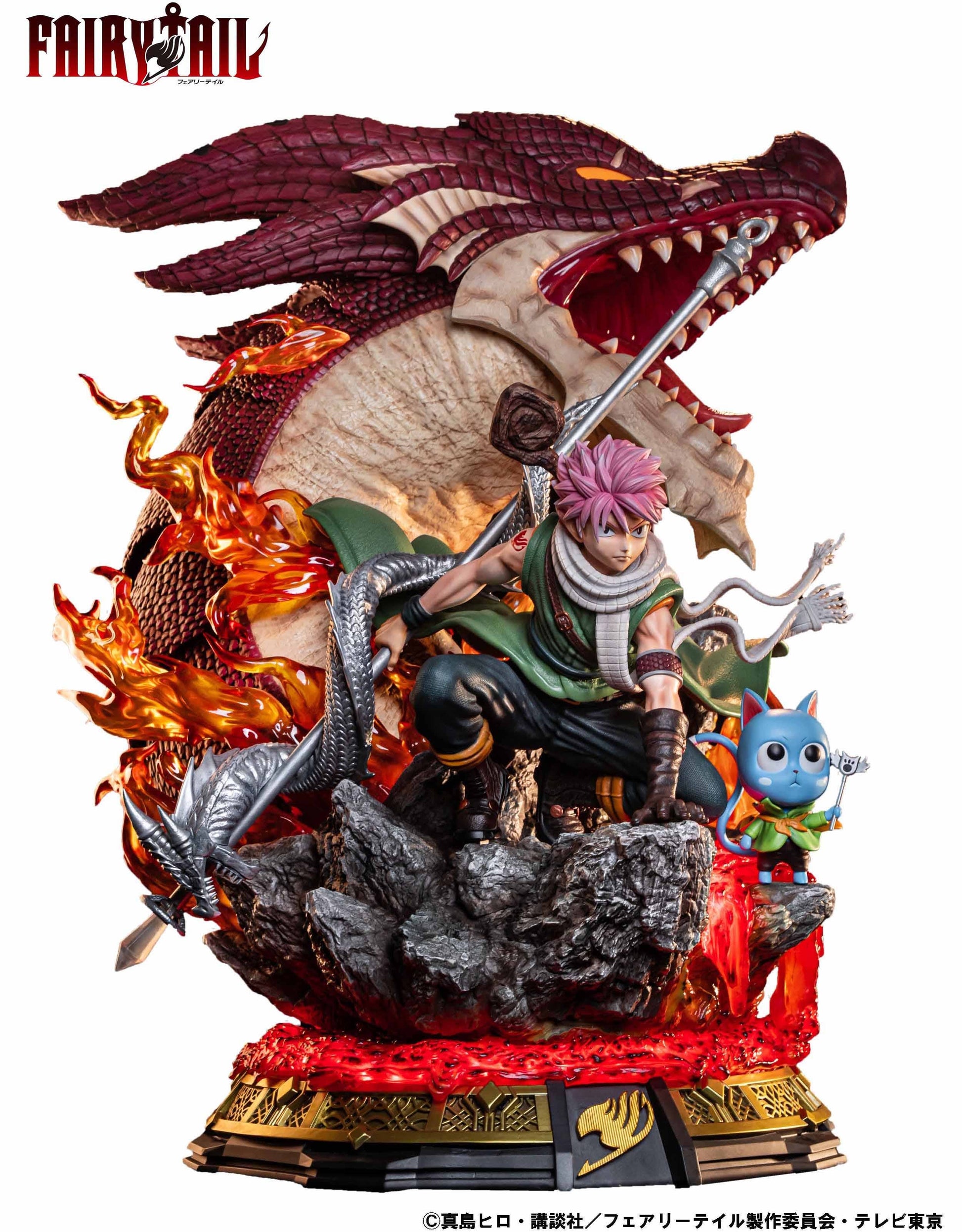 Natsu Dragneel statue: pink-haired Natsu crouches with silver staff; roaring red dragon, blue cat Happy. Surrounded by fire