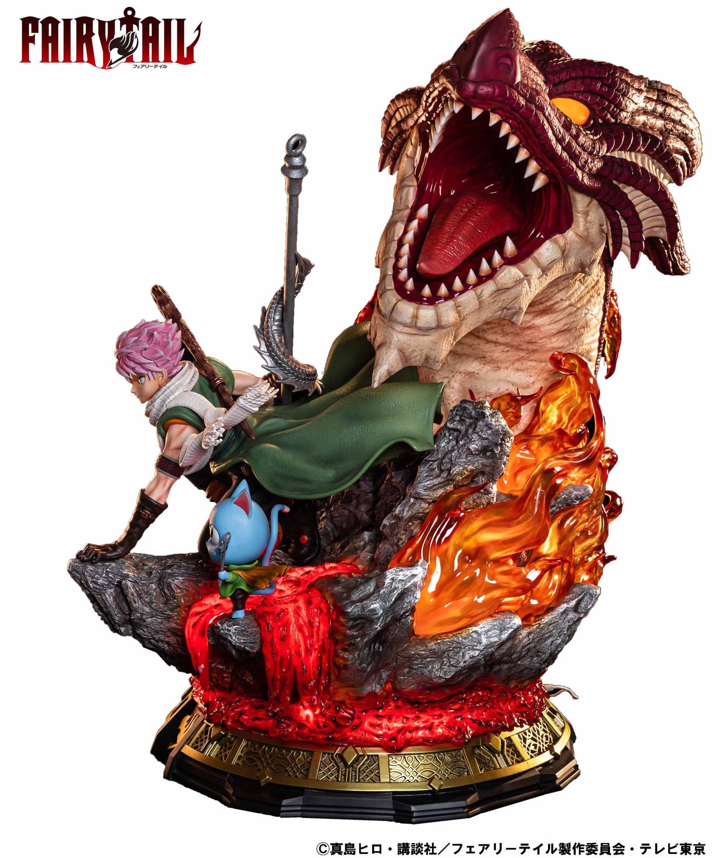 Detailed Fairy Tail statue: Pink-haired Natsu and Happy on fiery rocks, facing a roaring red dragon with glowing eyes