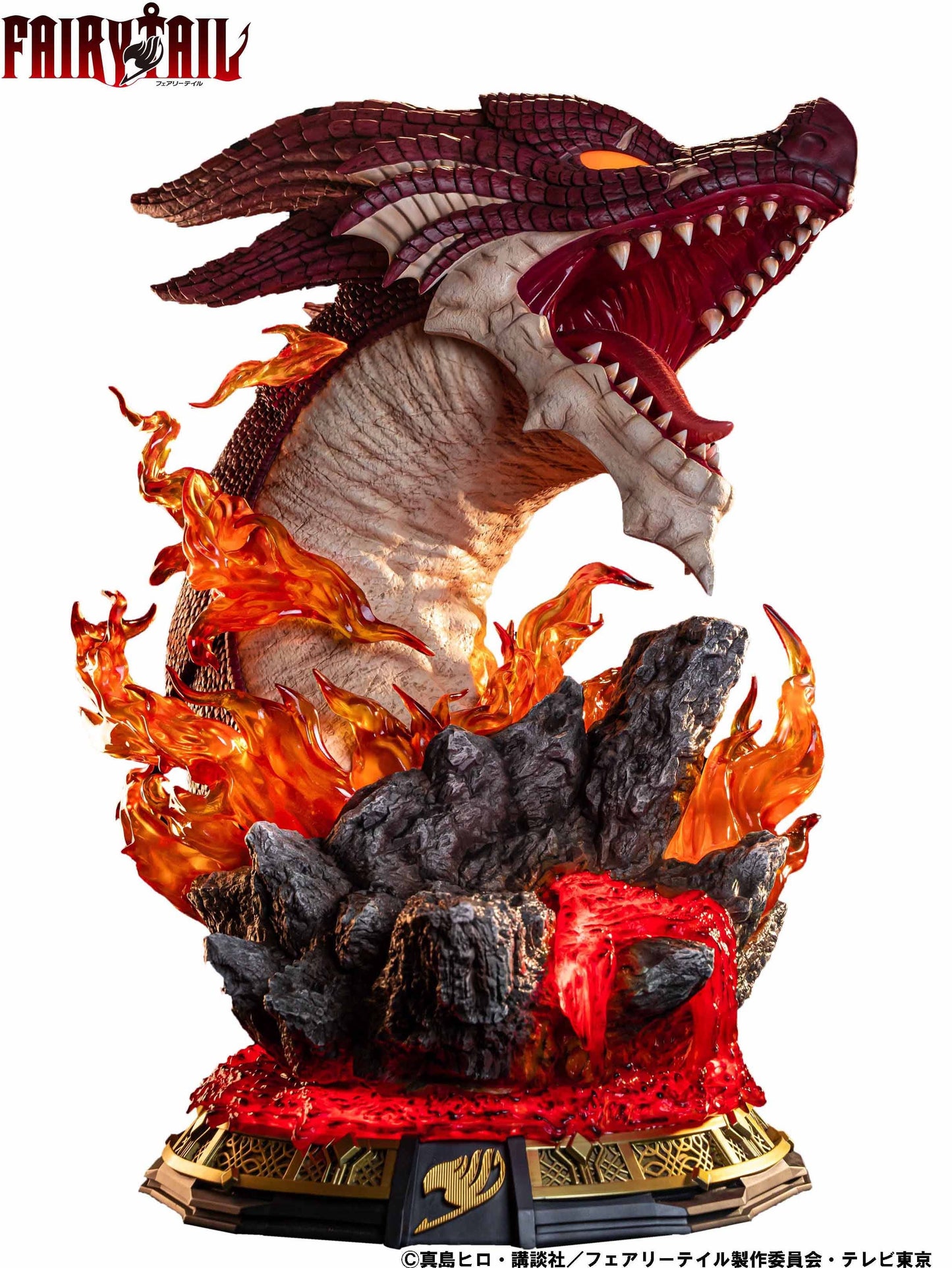 Fairy Tail statue of a fierce red dragon roaring, with fiery orange flames and molten lava at its base