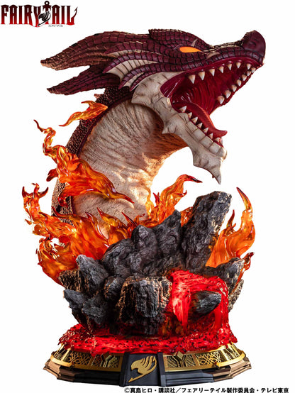 Fairy Tail statue of a fierce red dragon roaring, with fiery orange flames and molten lava at its base