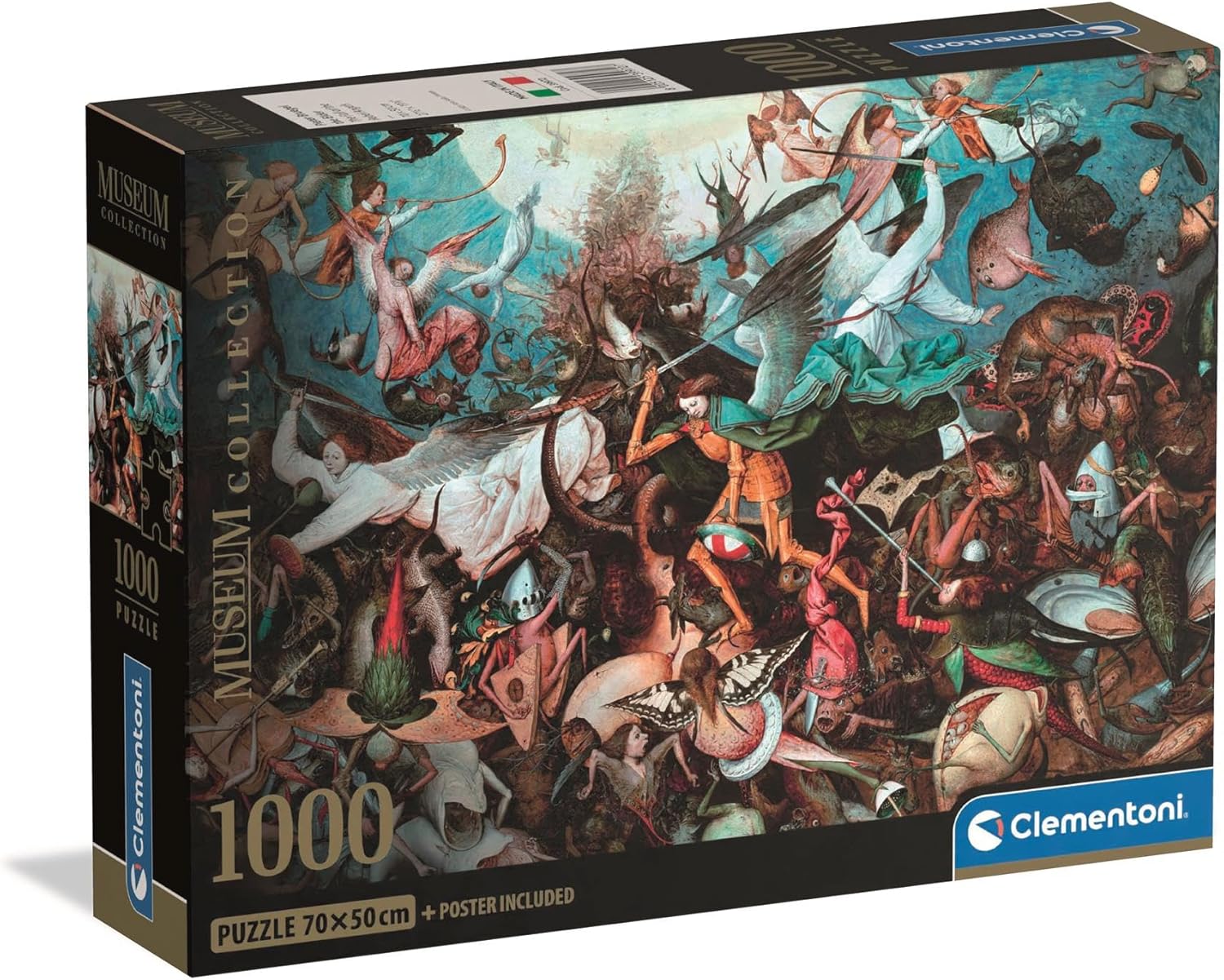 Clementoni Museum Collection 1000-piece jigsaw puzzle box featuring a chaotic classical painting of angels battling monstrous demons