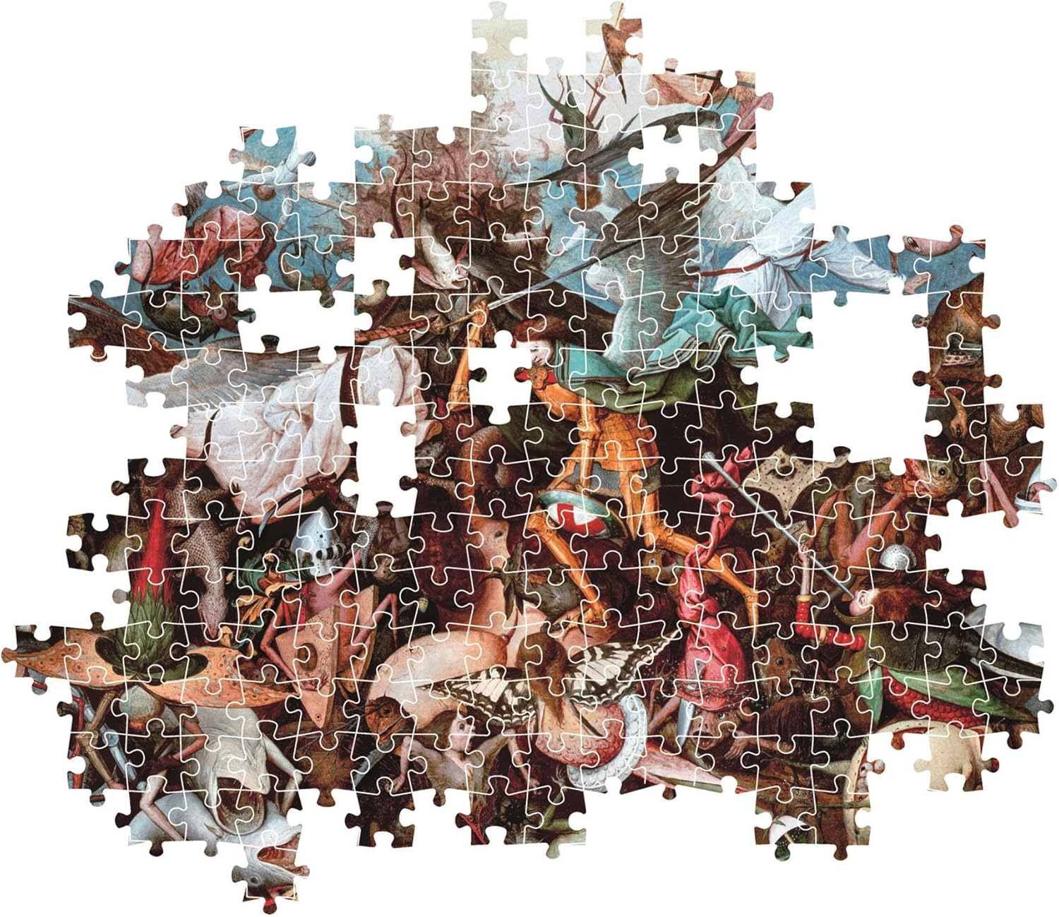Partially assembled jigsaw puzzle of a chaotic Renaissance painting showing a battle between angels and grotesque figures
