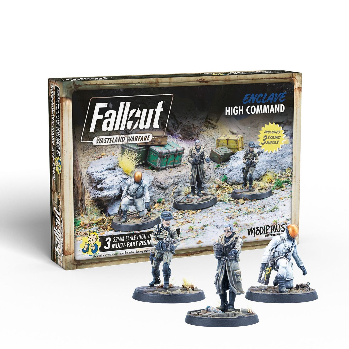 Fallout Wasteland Warfare Enclave High Command box and 3 resin miniatures: a trench-coated officer, a soldier, and a crouching trooper.