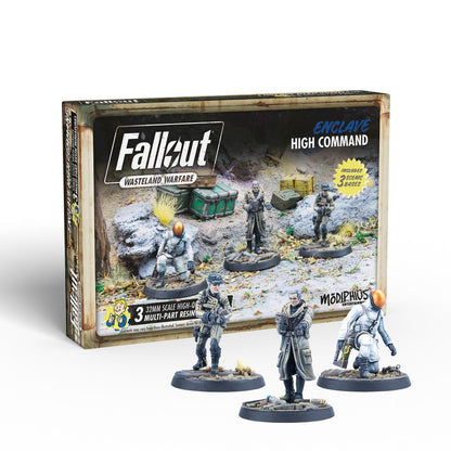 Fallout Wasteland Warfare Enclave High Command box and 3 resin miniatures: a trench-coated officer, a soldier, and a crouching trooper.